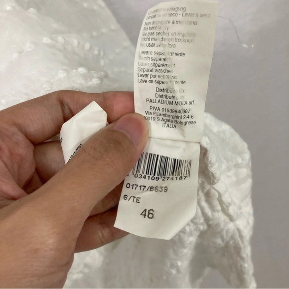 120% Lino White Y Neck Linen Side Slit Embroidered Dot Blouse size US 10 - Picture 9 of 12